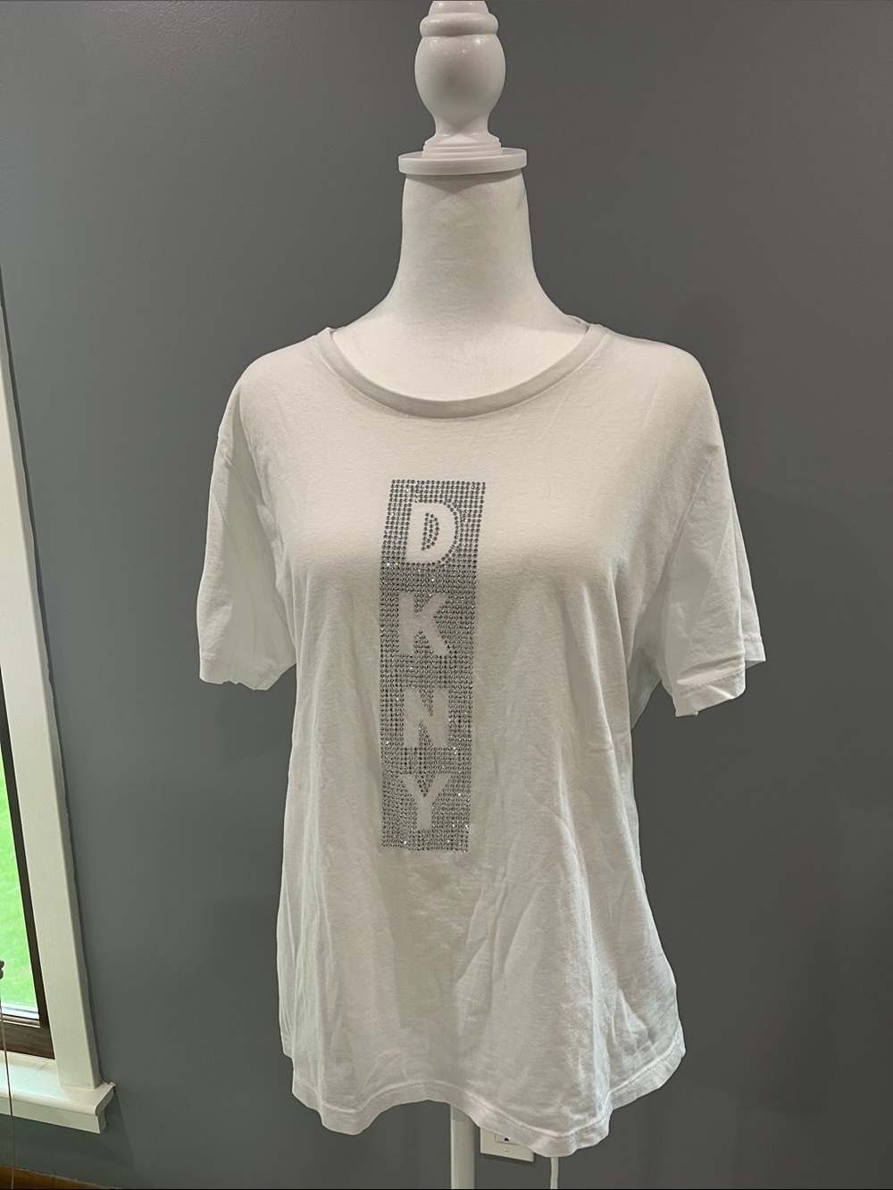 DKNY White Tee with Silver Rhinestone Vertical Logo